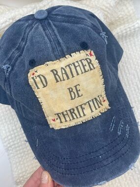 Handmade Distressed Navy Baseball Cap - "I'd Rather Be Thriftin'" Navy Blue